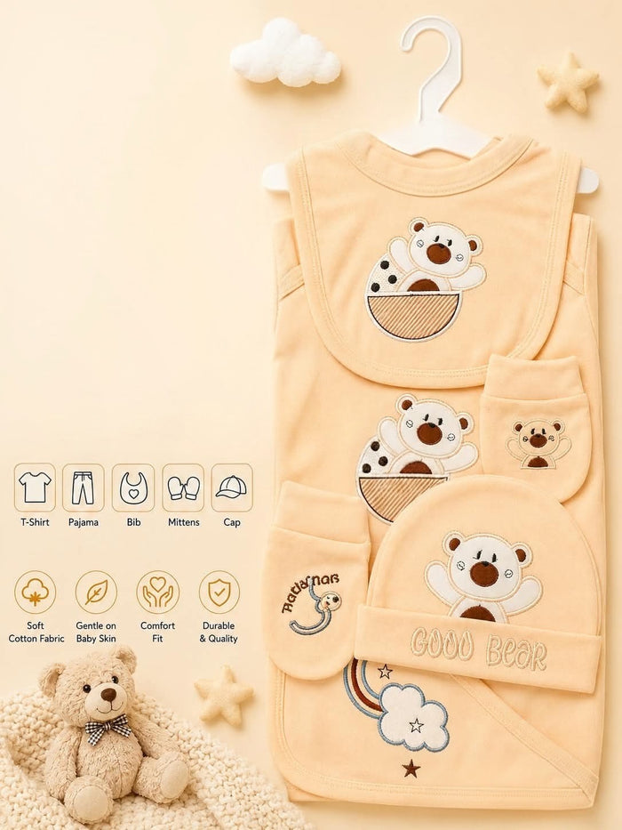 🧸✨
Premium 5-Piece Newborn Cotton "Good Bear" Gift Set (T-Shirt, Pajama, Bib, Mittens & Cap)