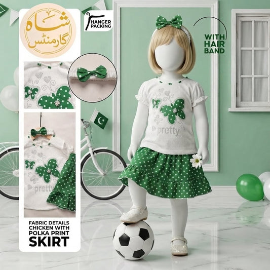 14th August Baby Girls Butterfly Top & Polka Skirt Set with Matching Hair Band | Premium Chikan Cotton | Shah Garments