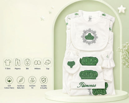 Premium Cotton 5-Piece Newborn Princess Gift Set (T-Shirt, Pajama, Bib, Mittens & Cap)