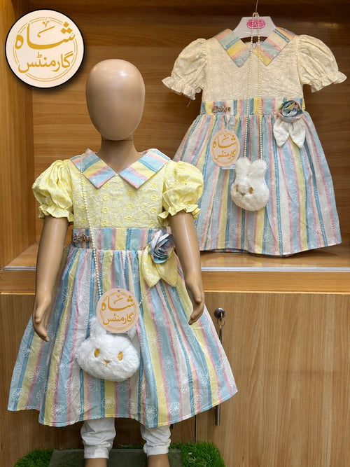 Shah Garments Girls Premium Party Wear Frock with Cute Bunny Bag