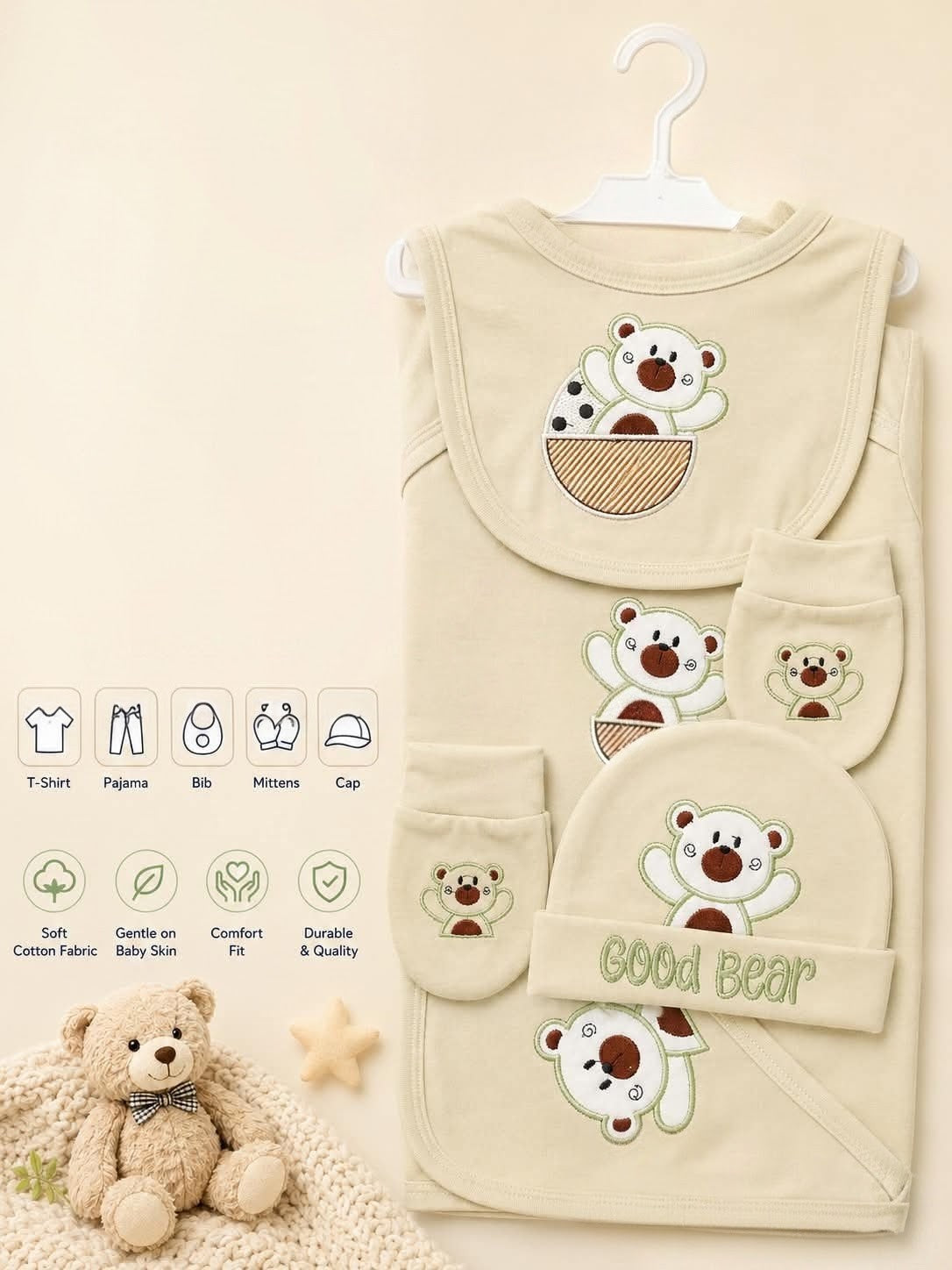 🧸✨
Premium 5-Piece Newborn Cotton "Good Bear" Gift Set (T-Shirt, Pajama, Bib, Mittens & Cap)