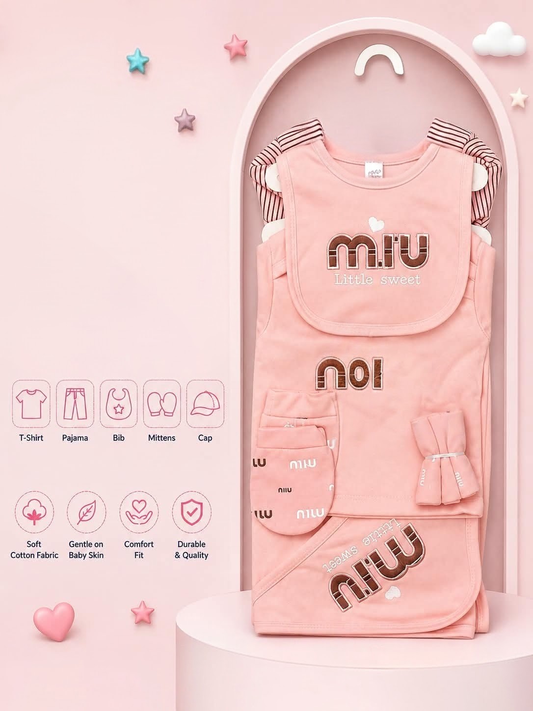Premium 5-Piece Newborn Cotton Set (T-Shirt, Pajama, Bib, Mittens & Cap)