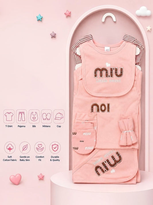 Premium 5-Piece Newborn Cotton Set (T-Shirt, Pajama, Bib, Mittens & Cap)