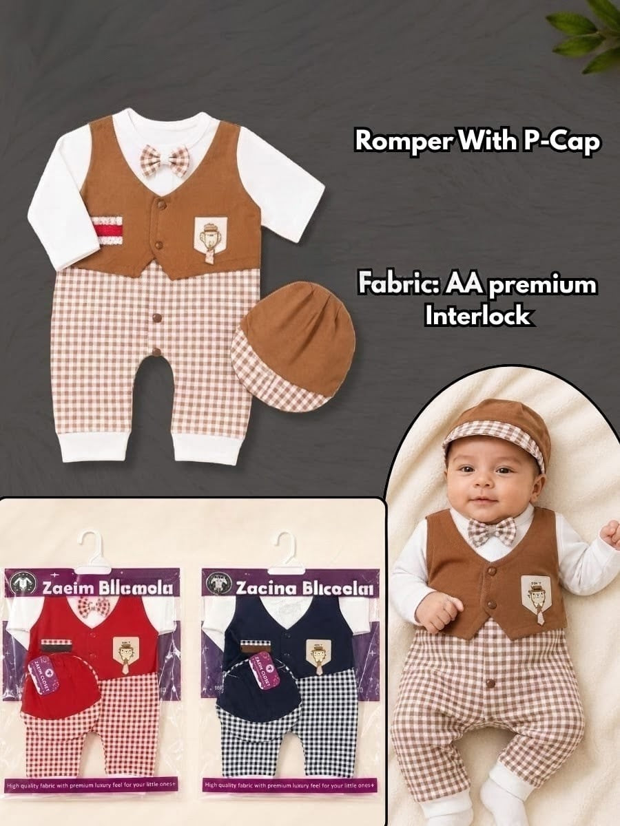 🎩 Stylish Gentle-Boy Baby Romper with Matching P-Cap 👶✨