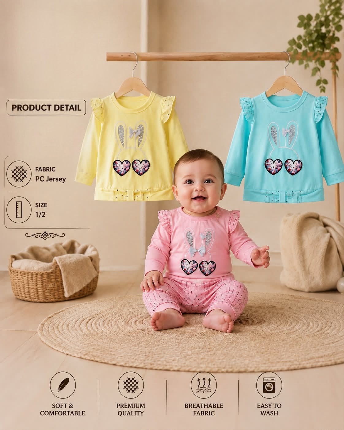 🐰 Cute Bunny & Hearts Printed PC Jersey Baby Suit Set 💕 (Size 1 / 2)