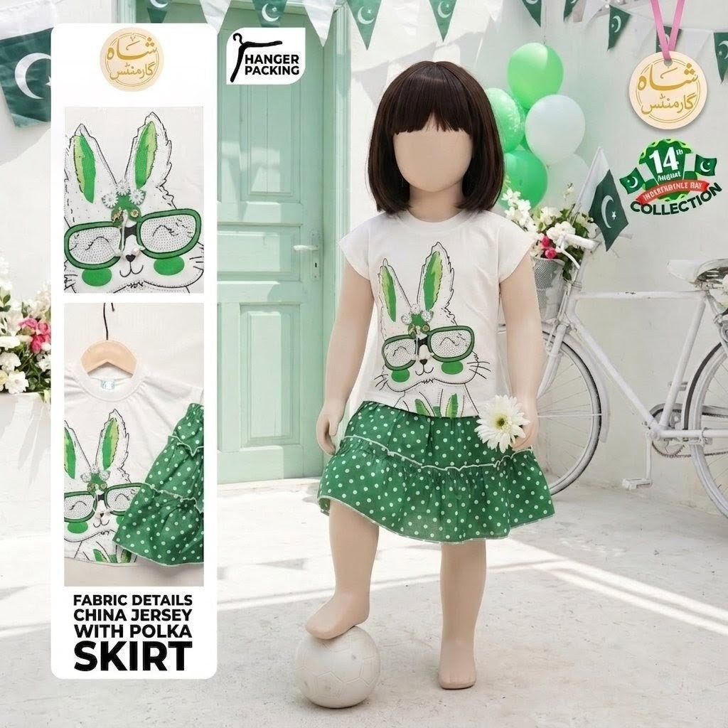 Shah Garments Independence Day Girls 2-Piece Outfit | Premium China Jersey & Polka Skirt – 14 August Collection 🇵🇰