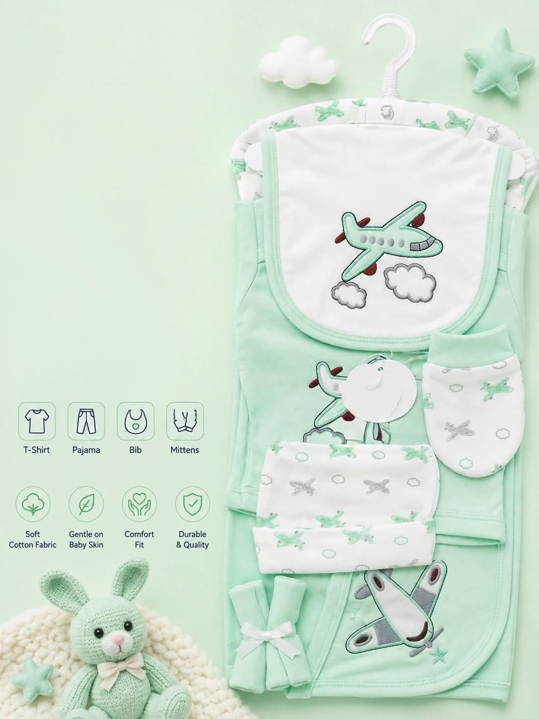 Premium 5-Piece Newborn Cotton Airplane Theme Gift Set (T-Shirt, Pajama, Bib, Mittens &