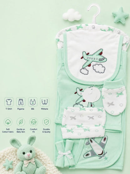 Premium 5-Piece Newborn Cotton Airplane Theme Gift Set (T-Shirt, Pajama, Bib, Mittens &