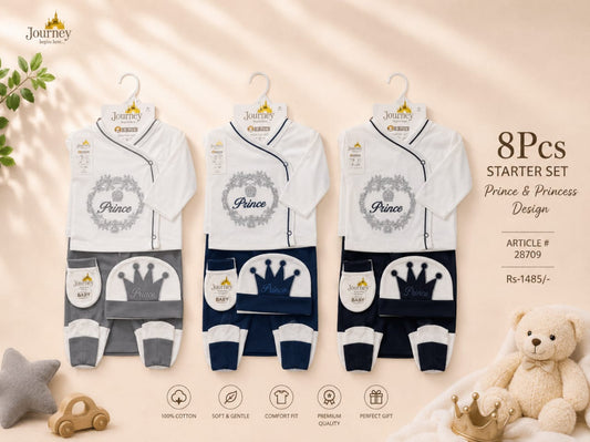 Newborn Baby 8-Piece Starter Gift Set | 100% Cotton Prince Collection